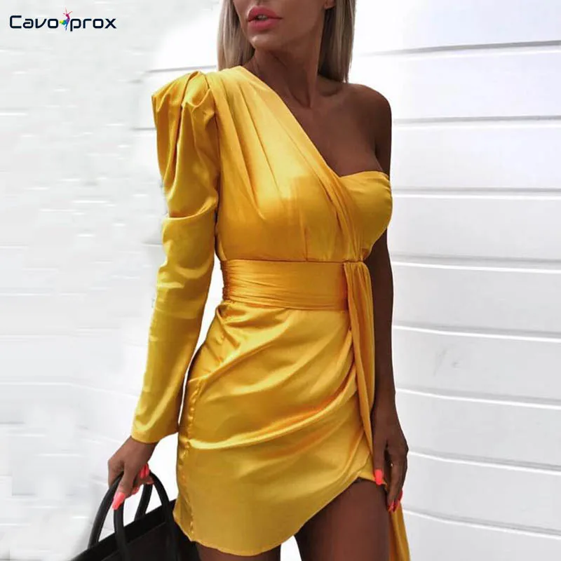 

Women One Shoulder Ruched Design Irregular Dress High Slit Long Sleeve Streetwear Sheath Solid Above Knee Mini Spring Fall Dress