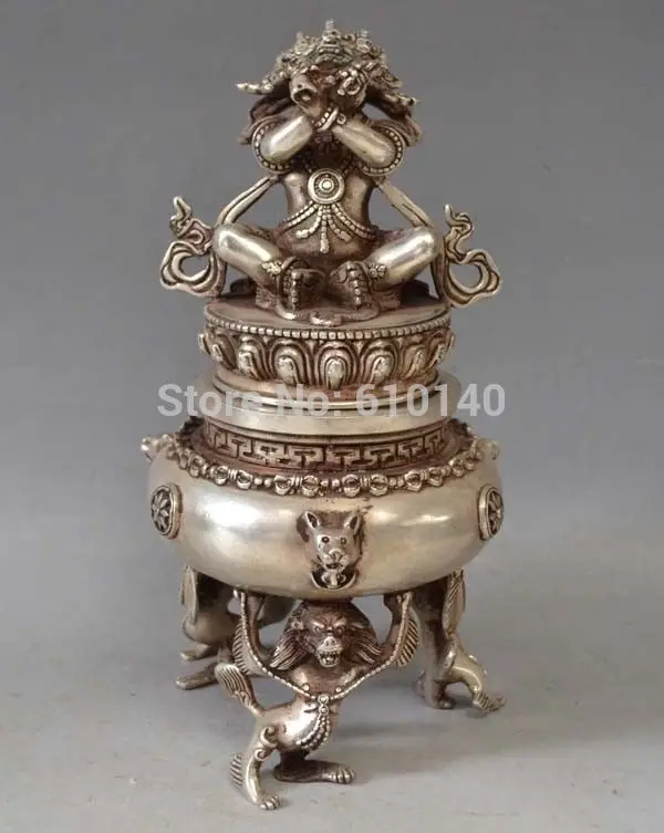 

Tibet Tibetan Silver Bronze Mahakala Buddha Incense Burner Censer