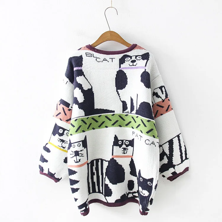 Kawaii Japanese Style Cats Cartoon Sweater Female Long Lantern Sleeve Autumn Winter Thick Warm Pullovers Women Harajuku Knitwear