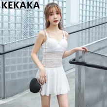 KEKAKA Корейский Летний стиль однотонная белая кружевная юбка цельный купальник пуш-ап высокая талия кроше купальник женский купальный костюм