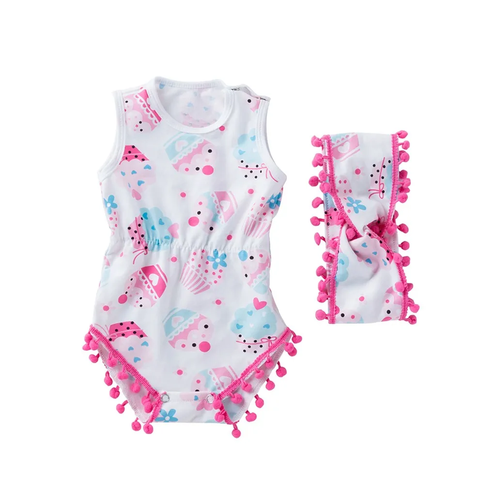 

Toddler Baby Sleeveless Cartoon Print Shell Romper+Headbands Set Outfit F4