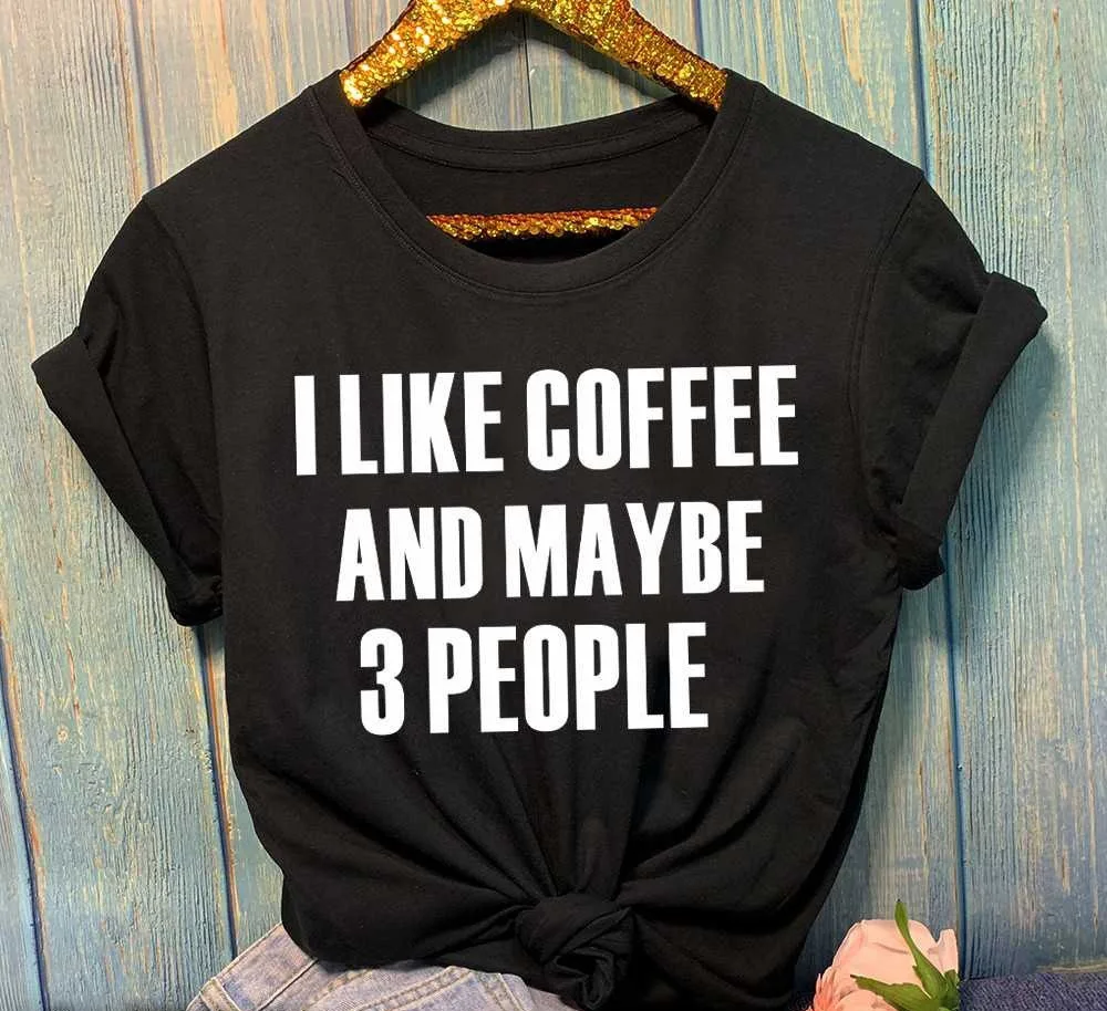 Женские топы с надписью I Like Coffee and возможно 3 People модные серые хлопковые