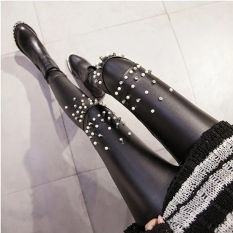 

autumn winter punk rock street faux leather pants Rhinstone diamond rivet jewelry spliced moto biker pant skinny PU leggings