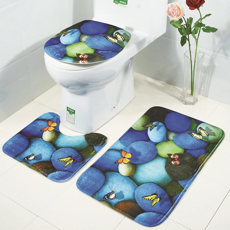 3pcs Realistic Stone Plant Toilet Seat Cover Soft Lid Pad WC Decoration Carpet Accessories Washable Warmer Bathroom Rug Mat