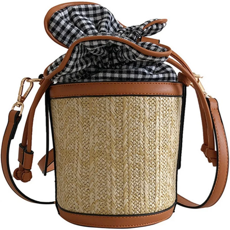 

JHD-Women Summer Retro Shoulder Bag Weave Lattice Bucket Straw Cylindrical Messenger Bag Beach Drawstring Plaid Handbag