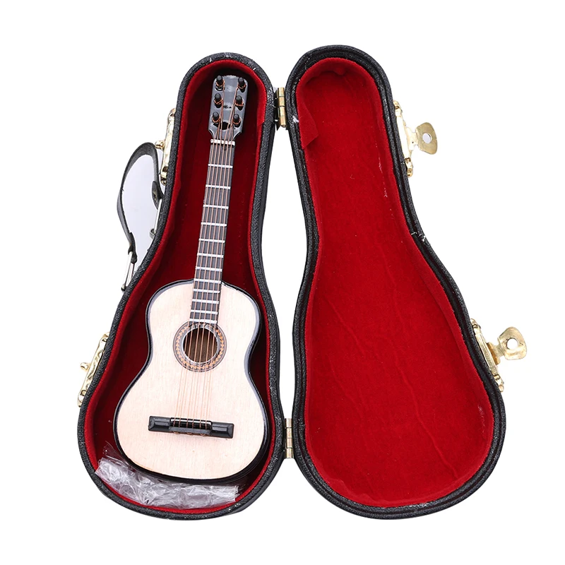 The New Handmade Miniature Dollhouse Wooden Guitar Model with PU Box