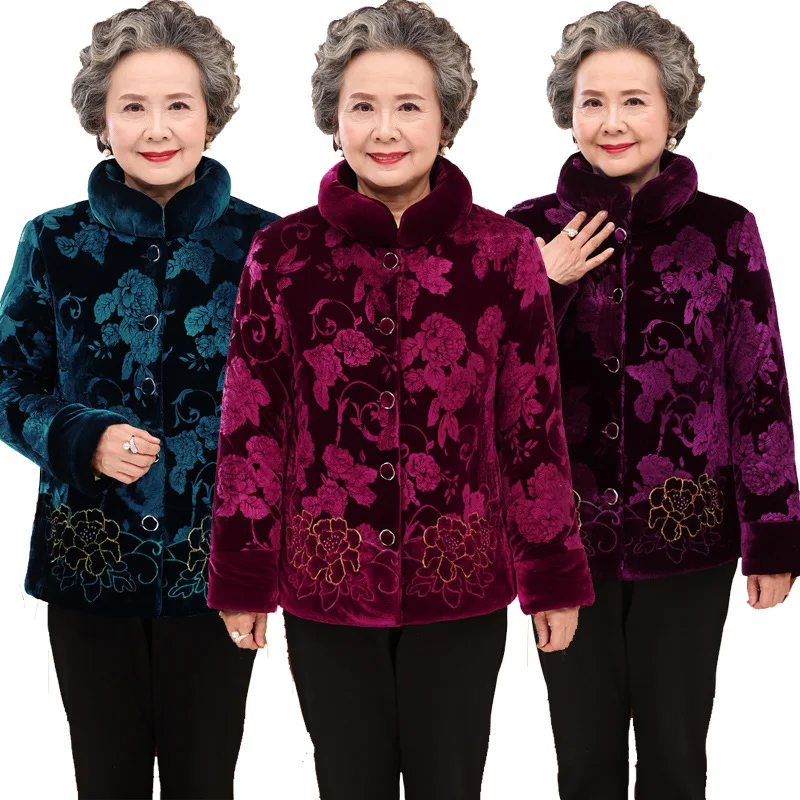 Зимняя куртка для женщин среднего возраста, пальто для женщин среднего возраста, из хлопка в старом возрасте, для мам, платье, золотой бархат 60-70-80 лет, одежда для мам