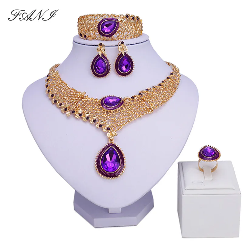 

Fani African Costume Jewelry Sets Brand Dubai Gold Bridal Jewelry set nigerian Wedding Women Necklace/Earrings/Bracelet/Ring