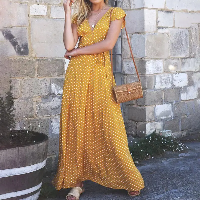 

Polka Dot V-neck Bohemian Long Women's Dress Lace up High Waist Short Sleeve Female Dresses 2019 Summer Fashion Female Vestido