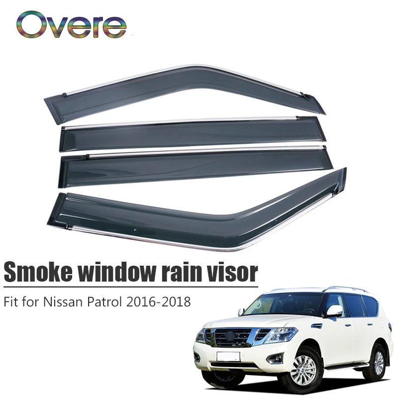 

Новинка, дождевик для окон дыма OVERE, 1 комплект, козырек от дождя для Nissan патруль 2016, 2017, 2018, Стайлинг, ABS дефлекторы от солнца на вентиляционное отверстие, защитные автомобильные аксессуары