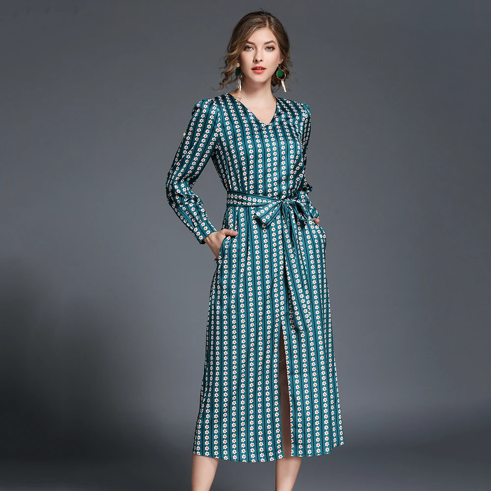 Autumn New Women Striped Dresses Floral Printed Green Dress Female Plus ...