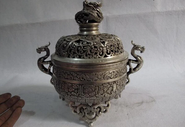 

song voge gem S1261 Tibetan Buddhism bronze silver lucky foo dog Dragon 3 Leg censer incense burner