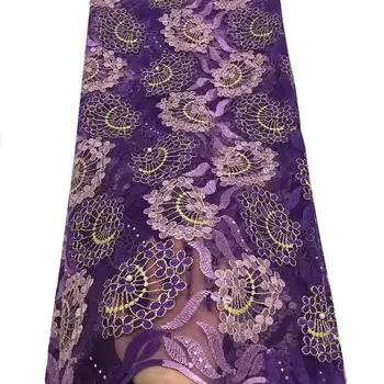 

(5yards/pc) high quality Purple gold pink African tulle lace fabric embroidered French net lace with beads and stones for dress