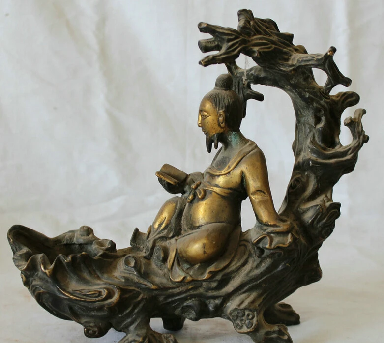 

USPS to USA S1950 9" Old Chinese History Bronze Gilt Old Man Hard Reading Book Under Tree Statue (B0413)