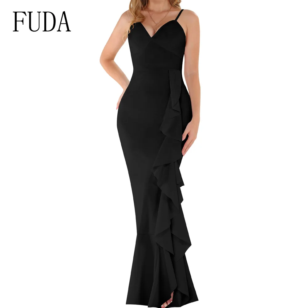 FUDA Sexy Spaghetti Strap V Neck Sleeveless Pencil Maxi Dress Elegant Ruffles Bodycon Bandage Dress Women Celebrity Party Wear