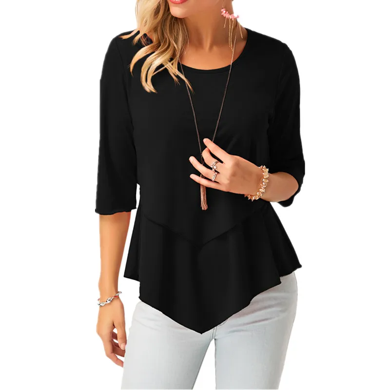 

2018 Three Quarter Sleeve Asymmetric Hem Layered Women Blouse