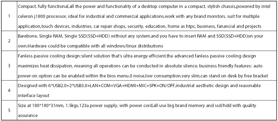 Безвентиляторный мини-ПК, настольный компьютер, Intel Celeron J1800, Windows 10/Ubuntu, [HUNSN BH06L], (COM/VGA/HD/LAN/6USB2. 0/2USB3. 0)