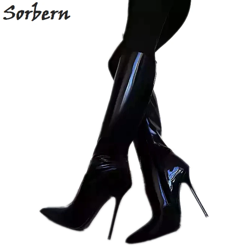 Details about   Womens Low Cuban Heel Shoes Black Patent Leather Pointed Toe Over the Knee Boots