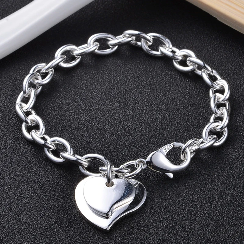 

Utimtree High Quality Love Double Heart Charm Bracelets For Women Silver Color Chain Bracelet&Bangle Jewelry braslet braceles