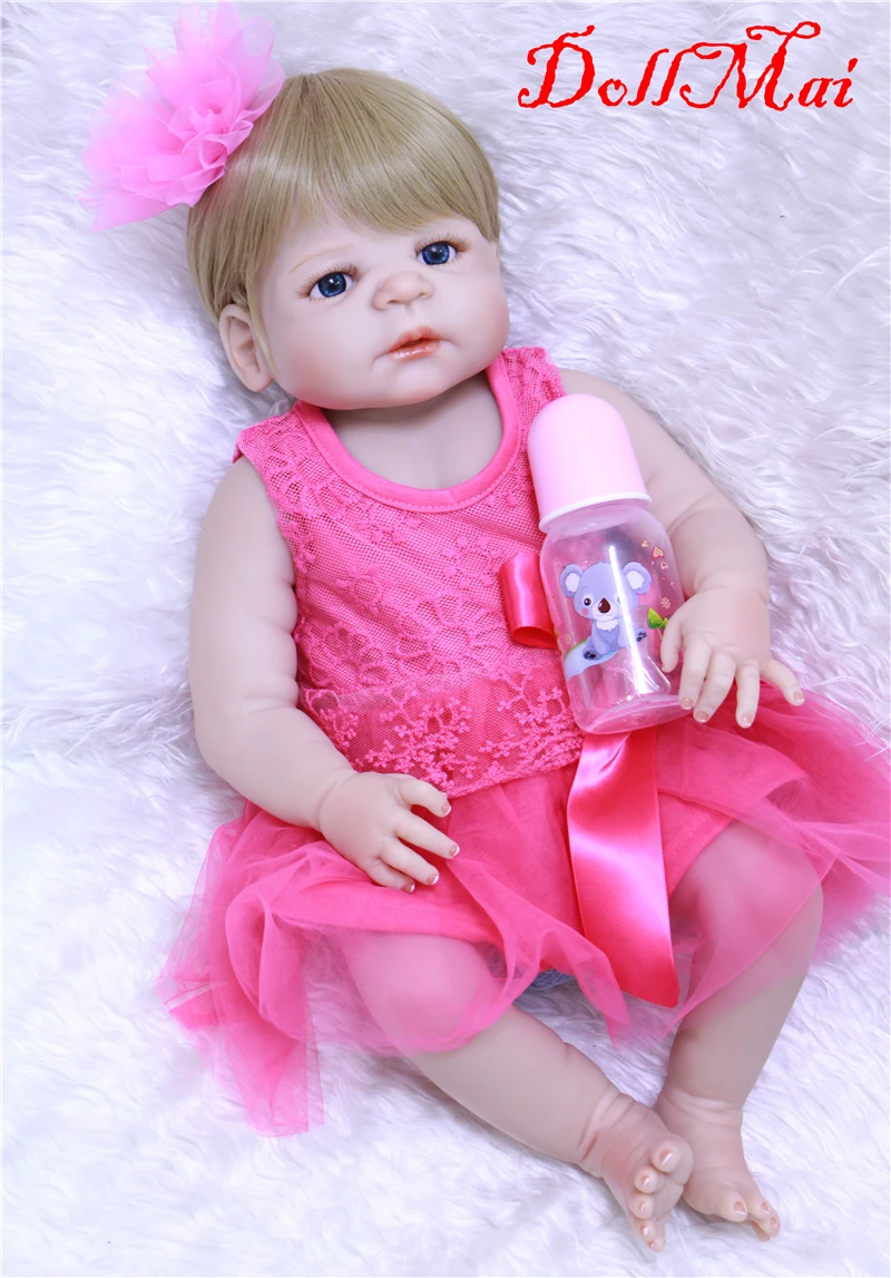 

DollMai Full silicone reborn baby dolls 22" 55cm newborn girl rose red dress magnetic pacifier bottle bebe real bonecas reborn
