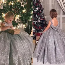Роскошные высококачественные индивидуальные Платья с цветочным узором для девочек; серебристое платье с блестками и открытой спиной для девочек; праздничное платье; бальное платье; Любой Размер