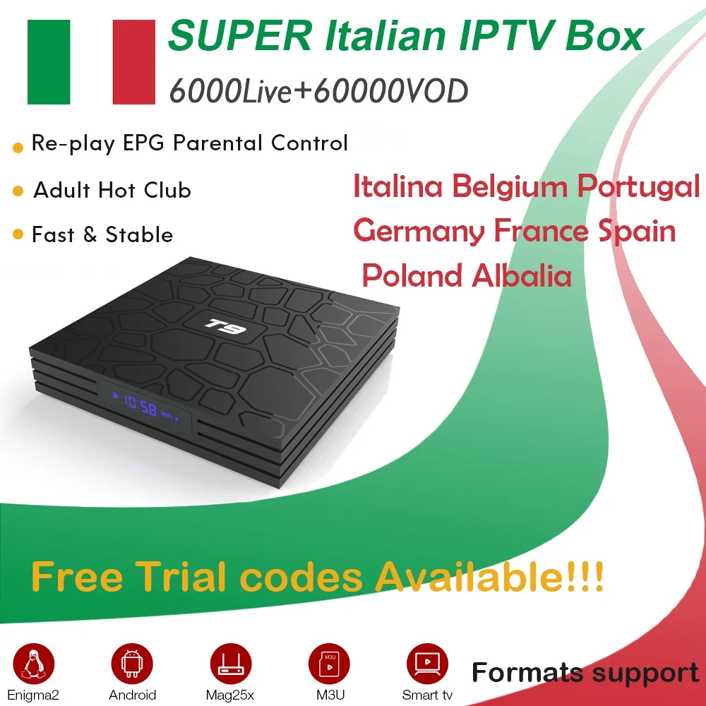 

Android 8.1 TV Box T9 4G+32G+Italy Albania Portugal German Europe Adult IPTV 2.4G WiFi BT4.0 H.265 4K*2K USB3.0 RK3328 TV Box