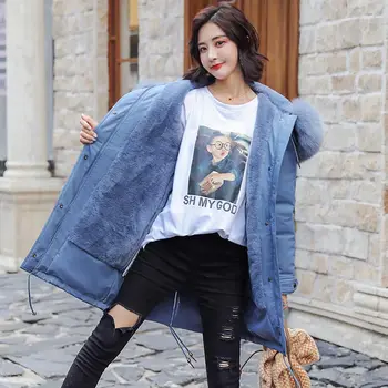 

2019 Women's Faux Rabbit Fur Lining Hooded Long Coat Parkas Outwear Large Fur Collar Winter Jacket Women winter coat women