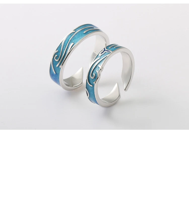 Креативный стиль, серебряные кольца для пары, голубые капли, глазурь, Кит, волна, Ретро стиль, кольца для мужчин и женщин, ювелирные изделия ручной работы