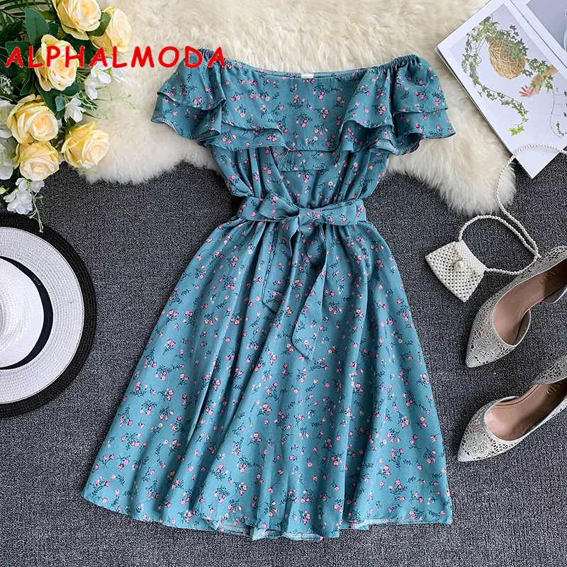 Женское пляжное платье ALPHALMODA шифоновое с оборками и поясом высокой талией