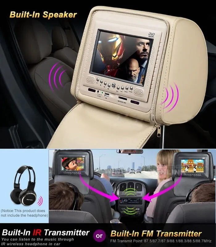 Excellent one pair 2X 7"inch car headrest DVD player,with zipper cover, USB/SD,32 bit wireless Game,IR,FM,for car,3 color optional 3 Excellent one pair 2X 7"inch car headrest DVD player,with zipper cover, USB/SD,32 bit wireless Game,IR,FM,for car,3 color optional 3