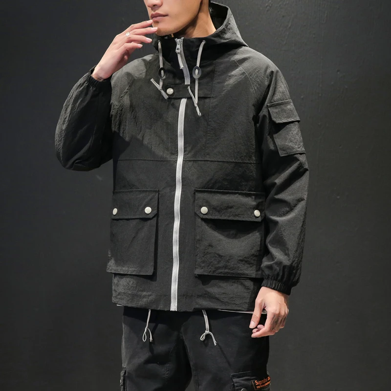Japan Style Jacket Men Plus Size Loose Hooded Men Jacket Streetwear Long Sleeve Casual Mens Jackets and Coats Black/Gray 5XL-M