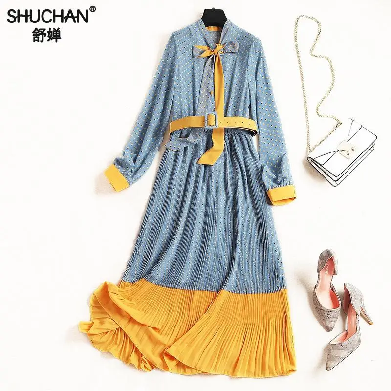 

Shuchan Vestido Longo Chiffon Dress New 2019 Clothes Print A-line Sashes Mid-calf Beautiful Dresses Are Long For Women 10061
