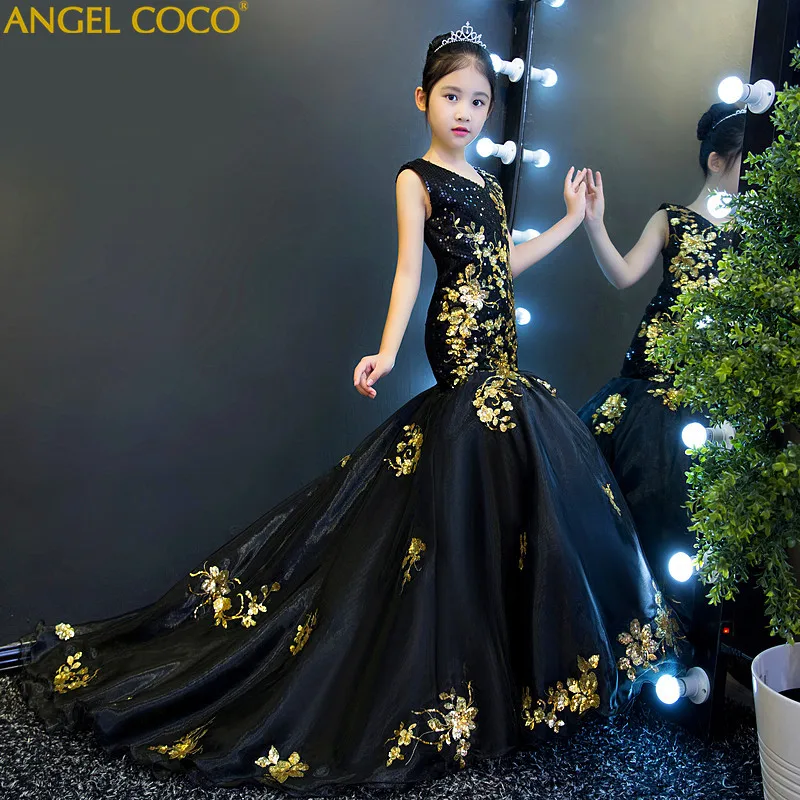 Детское платье для девочек, костюмы для подиума, платье принцессы, черное, золотое, с блестками, для свадьбы, дня рождения, вечернее платье русалки, халат, Longue