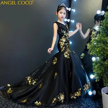 Детское платье для девочек, костюмы для подиума, платье принцессы, черное, золотое, с блестками, для свадьбы, дня рождения, вечернее платье русалки, халат, Longue