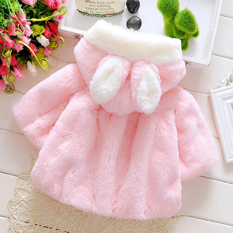 0-4T Baby Girl Coat Imitation Rabbit Fur Ear Shawl Wool Hooded Cartoon Warm Thick Pink White Blends Top