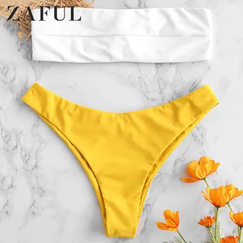 

ZAFUL Two Tone Knotted High Waist Bikini Strapless Bandeau Bikini Set Beach Bathing Suit Bralette Swimwear Women Swimsuit Female