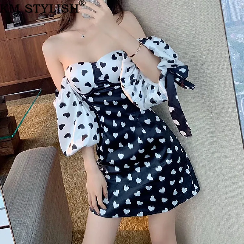 2019 verano corte francesa negro y blanco amor Puff manga tubo Top sin tirantes vestido de una pieza Bolsa De vacaciones tailandesa sexy vestido - 5