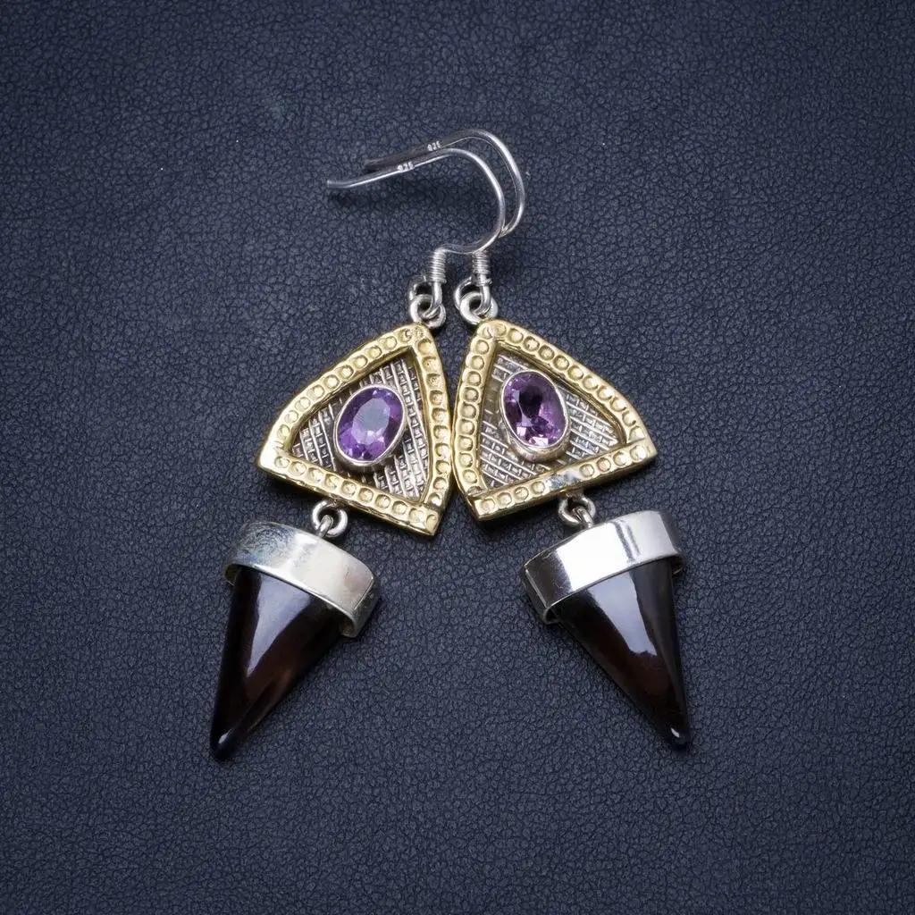 

Natural Smoky Quartz and Amethyst Handmade Unique 925 Sterling Silver Earrings 2.25" X3560