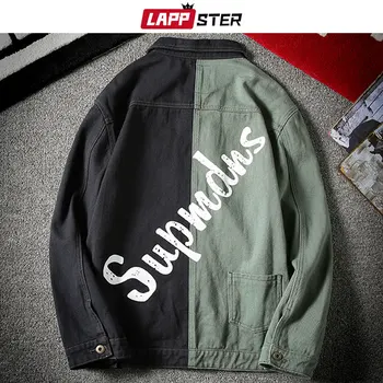 

LAPPSTER Patchwork Jeans Bomber Jacket Men 2020 Mens Japanese Streetwear Denim Windbreaker Male Korean Fashion Baseball Jackets