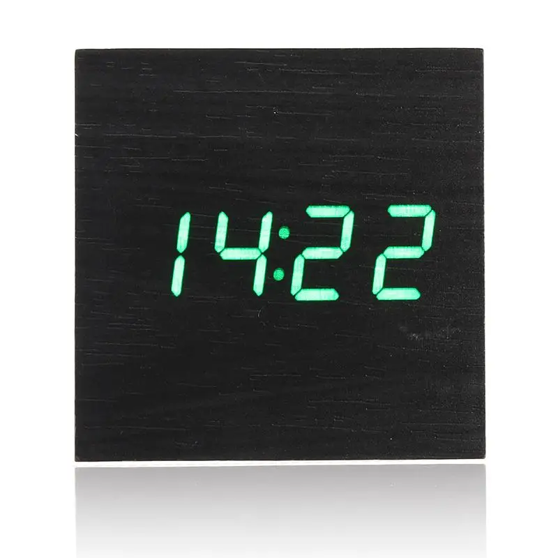  Mini Cube Shaped Home Office Desk Wooden Digital Alarm Clock Sound-Sensitive Clocks and Temperature