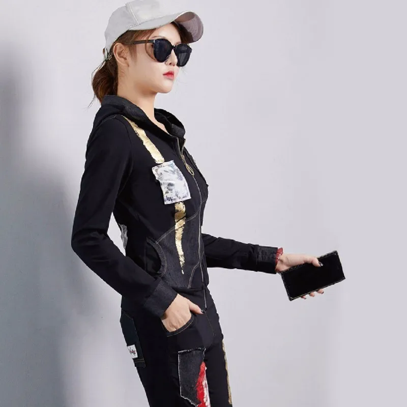 Max LuLu, осень, корейские женские джинсовые топы и штаны, Женский комплект из двух предметов с принтом, винтажные наряды с капюшоном, спортивные костюмы размера плюс