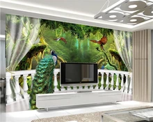 beibehang Custom photo wallpaper 3D woods balcony peacock parrot forest mural wallpaper living room bedroom sofa 3d wallpaper custom photo wallpaper 3d stereo dinosaur theme large murals primitive forest living room bedroom backdrop decor mural wallpaper