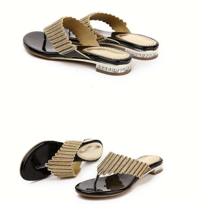 Для женщин и девочек Тапочки сланцы сандалии на плоской подошве кожаные Туфли летние сандалии со стразами детская обувь