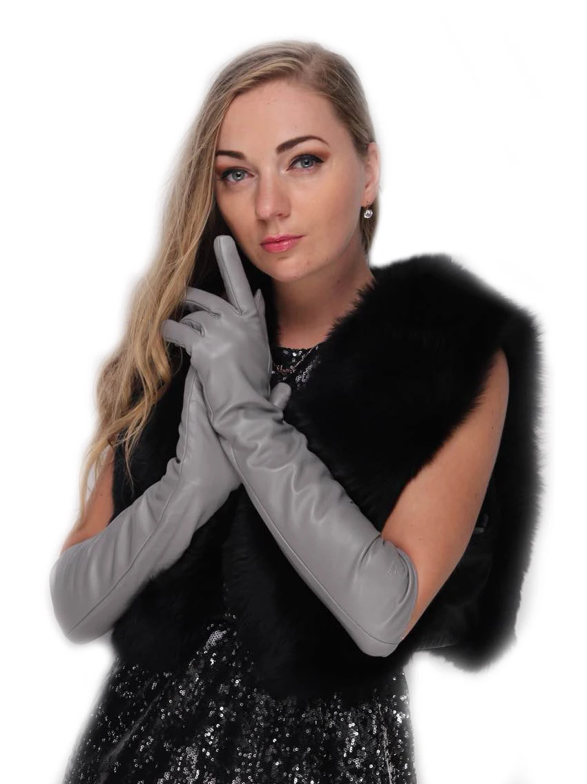 47cm(18.7") long real leather elbow new long party gloves in light grey