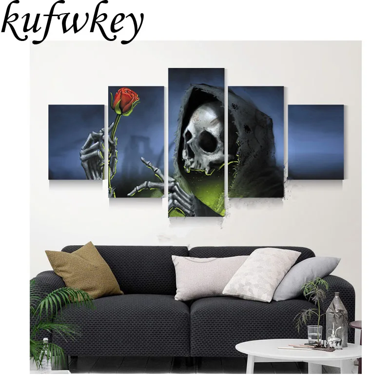 

kufwkey Diamond embroidery Cross stitch kit Diy Diamond painting Needlework Full 5D Rhinestone skull and flower 5pcs/set B943