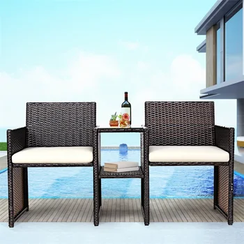 

Patio Rattan Chairs Conversation Cushioned Seat Sofa Set Minimalist Modern Garden Furniture Outdoor Dining Set OP3422