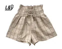 L & Y женские шорты 2019 летние модные винтажные клетчатые принты Drawstring шнуровка свободный крой повседневные короткие шорты с высокой талией