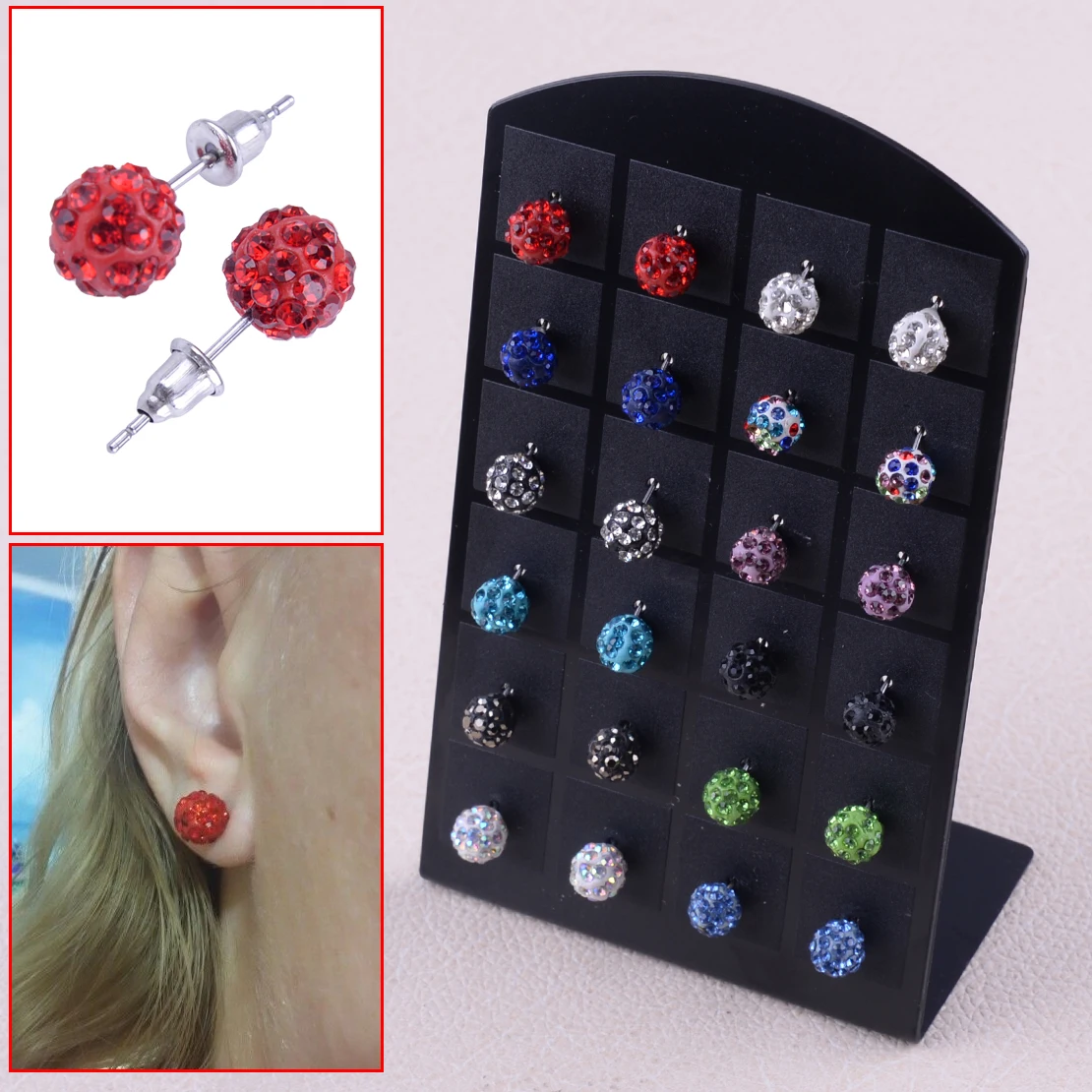 

12 Pairs Women Bling Ball Stud Earrings Rhinestone Crystal Beads Accessories