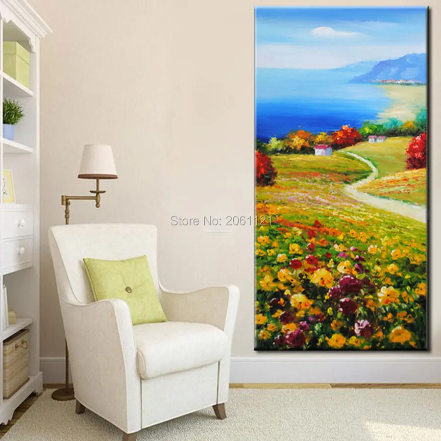 

hand painted traditional Pastoral oil painting on canvas fields and gardens landscape wall painting flowers field to the beach