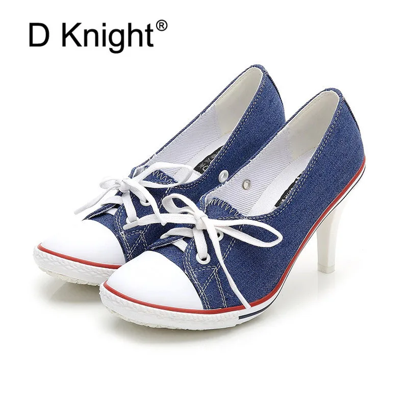 

High Quality Heels Shoes Woman Comfortable Platform Shoes Women Shallow Mouth Denim Pumps Woman High Heels Canvas Shoes Big Size